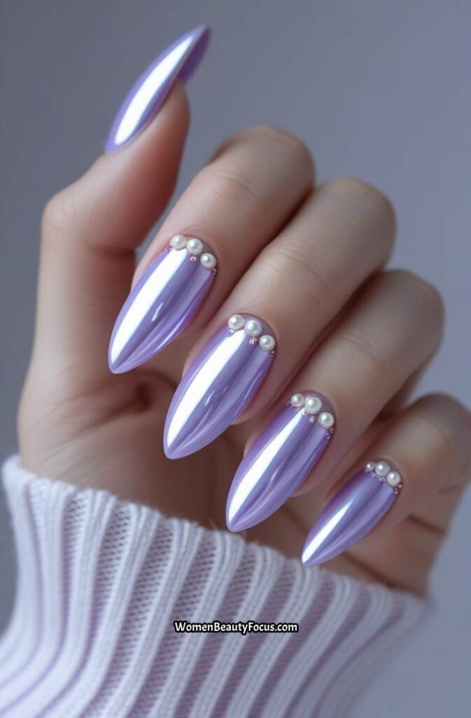 16. Lavender Chrome Nails with Pearl Accents