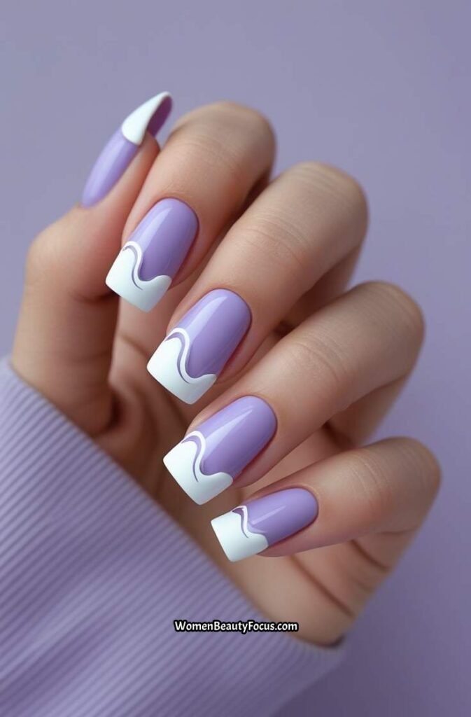 16. Lilac Square Nails with White Abstract Tips