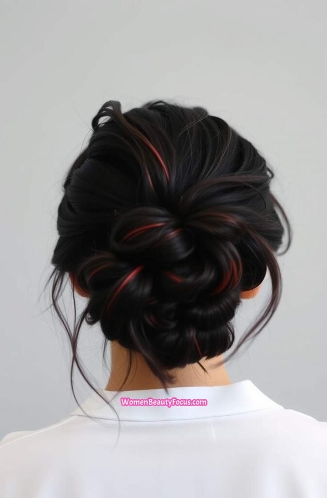 16. Messy Bun with Black and Red Highlights Back View