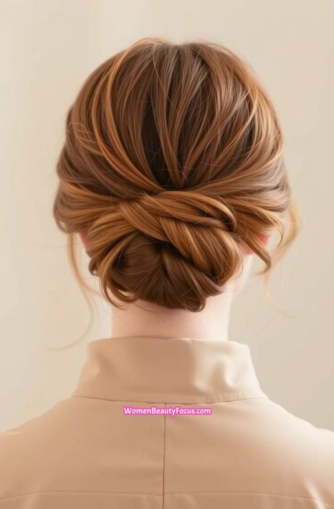 16. Messy Copper Bun with Loose Tendrils Back View