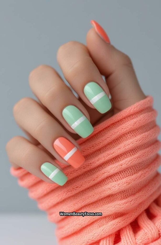 16. Mint and Coral Beach Nails