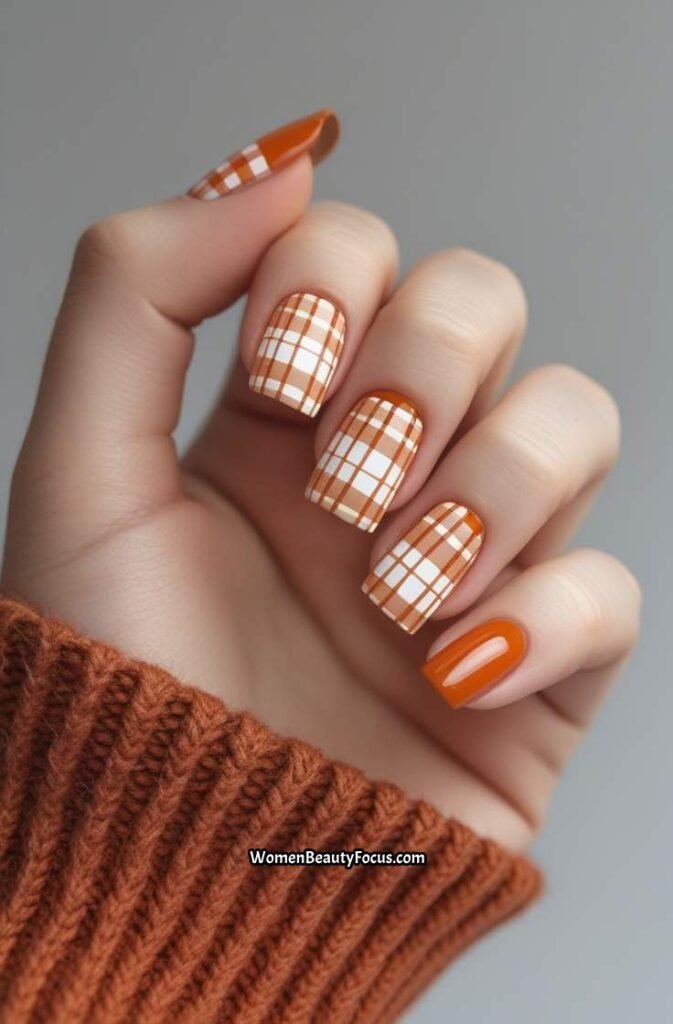 16. Orange Plaid Nails for Autumn
