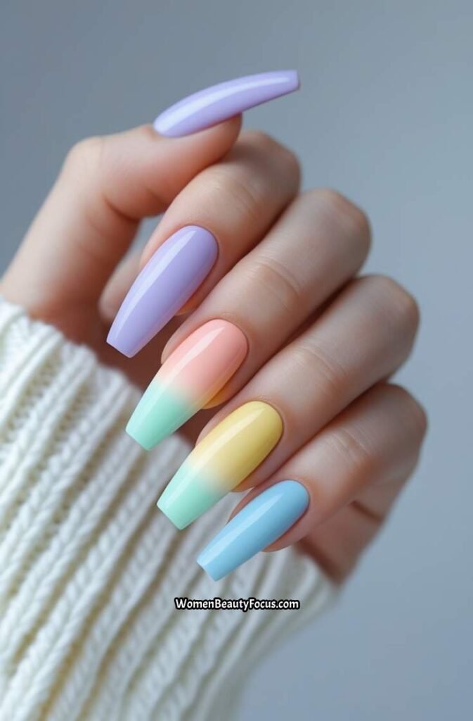 16. Pastel Gel Nails in Rainbow Ombre