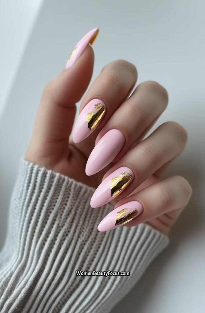 16. Pink and Gold Accent Nails