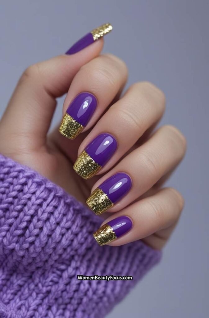 16. Purple and Gold Glitter Accent Nails