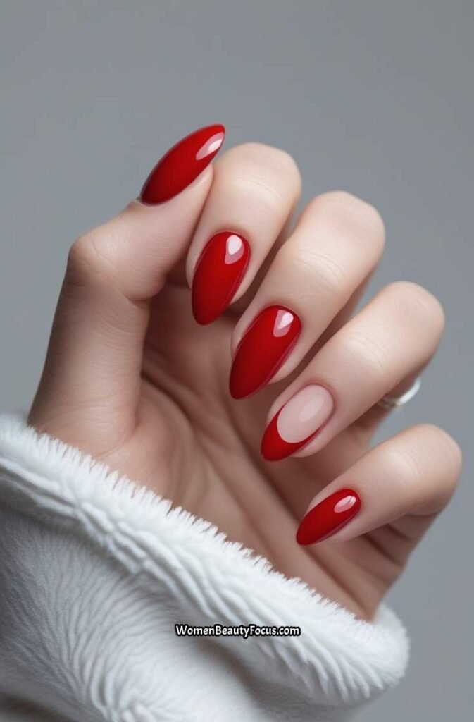 16. Red Almond Nails with Transparent Cuticle Design