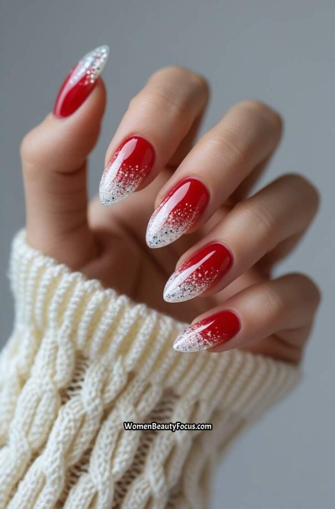 16. Red Glass Nails with White Glitter Tips