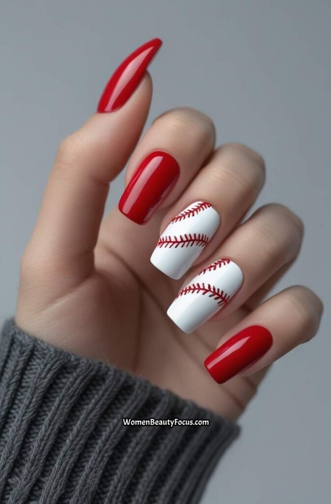 16. Red and White Baseball Nail Art