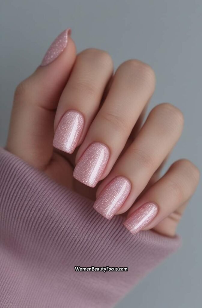 16. Rose Pink Square Nails with Micro Glitter