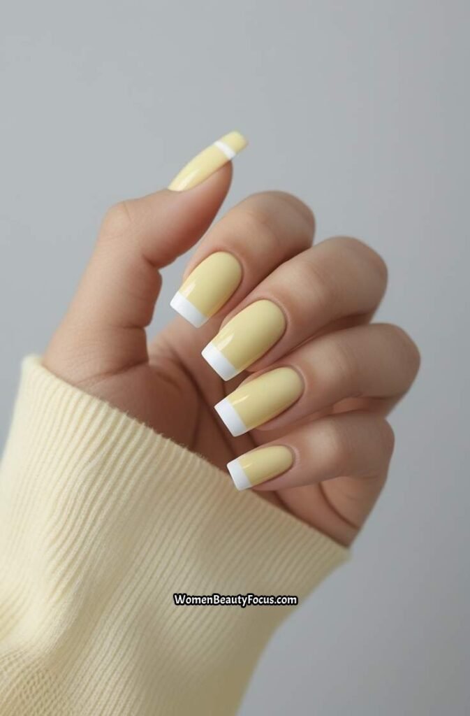 16. Short Acrylic Nails with Pale Yellow and White Tips