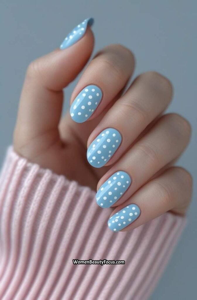 16. Sky Blue Nails with White Dots