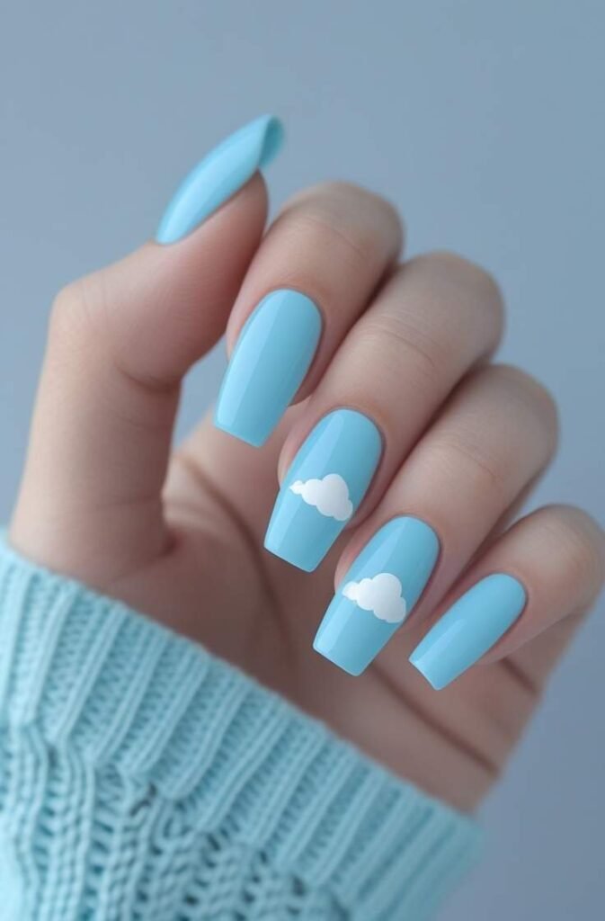 16. Sky Blue Pastel Nails with Cloud Accents