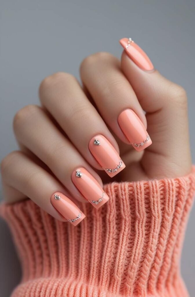 16. Soft Coral Nails with Silver Details