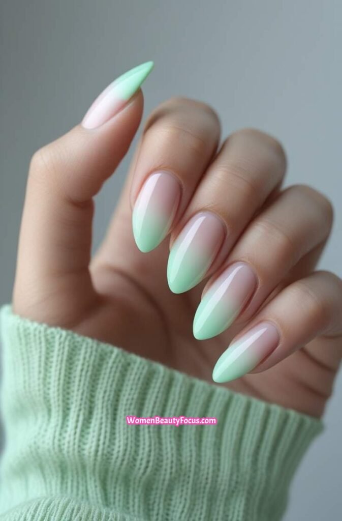 16. Soft Mint Green French Fade Nails