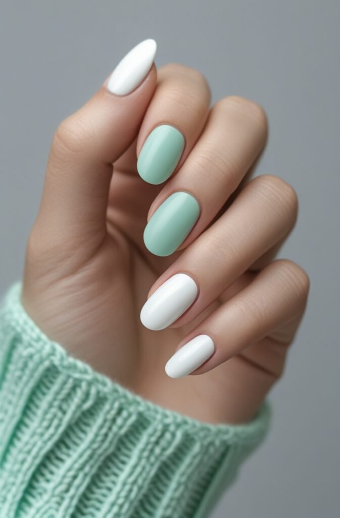 16. Soft Mint and White Nails
