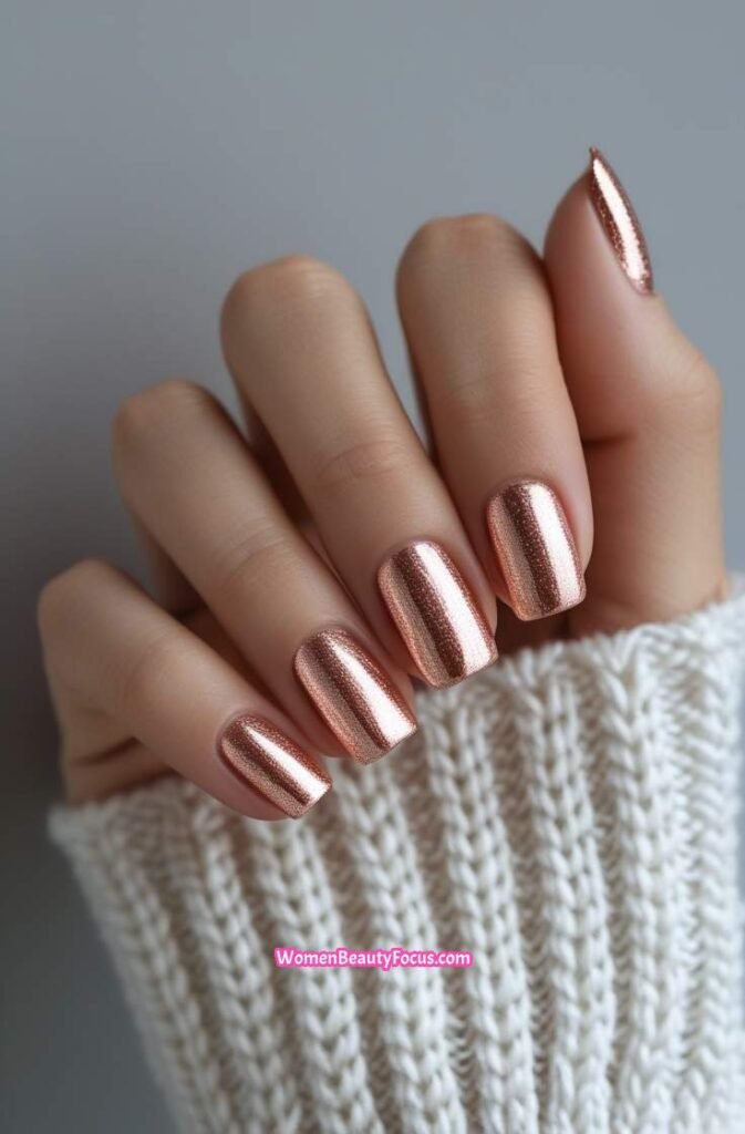 16. Soft Rose Gold Nails with a Shimmering Finish