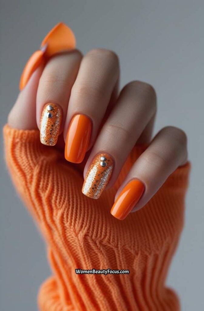 16. Tangerine Orange Short Nails with Silver Glitter Dots 1