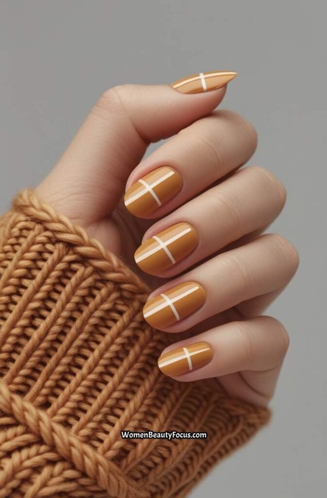 16. Warm Honey Nails with Thin White Lines