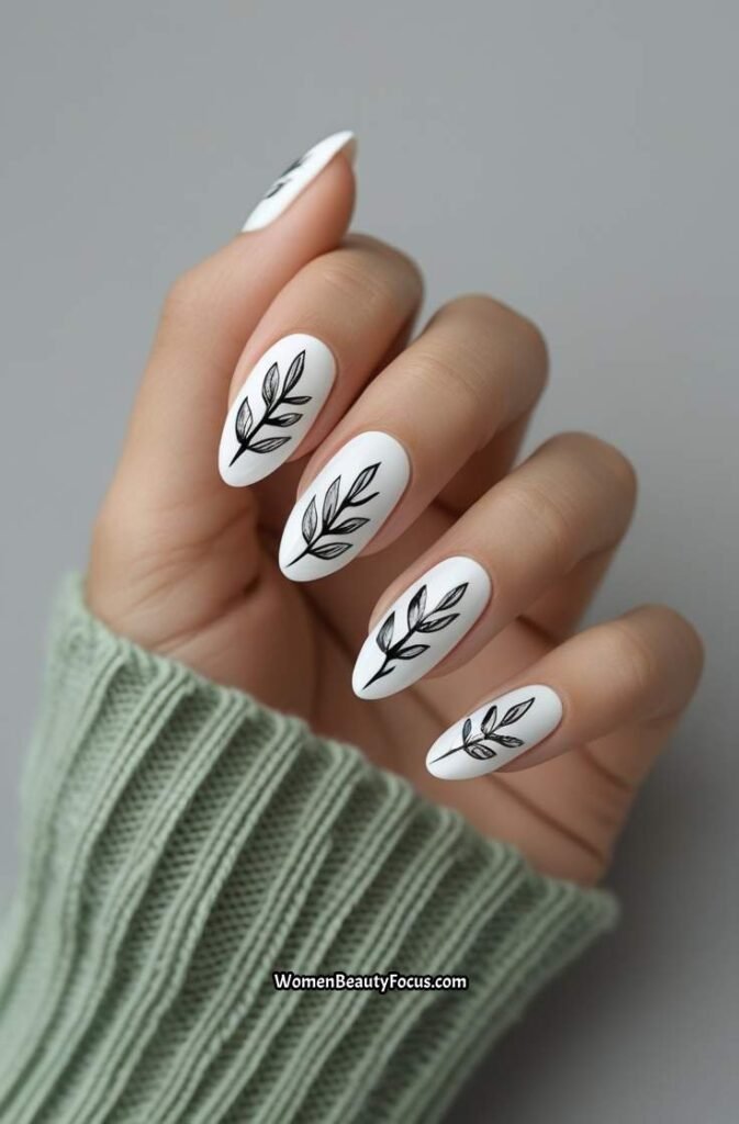16. White Nails with Black Leaf Art
