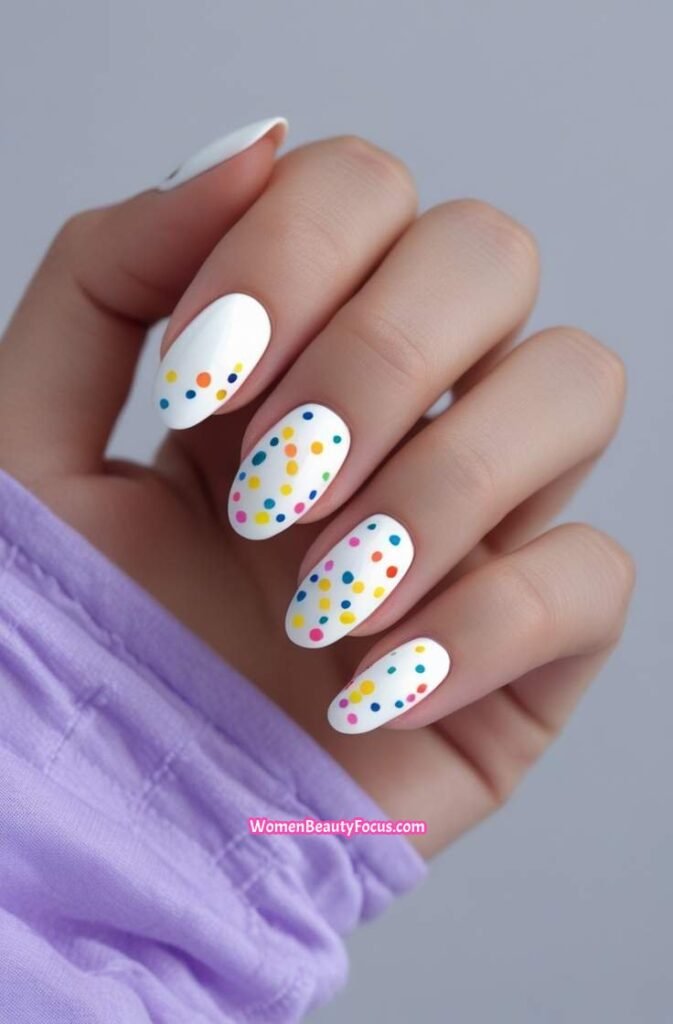 16. White Nails with Colorful Confetti Dots