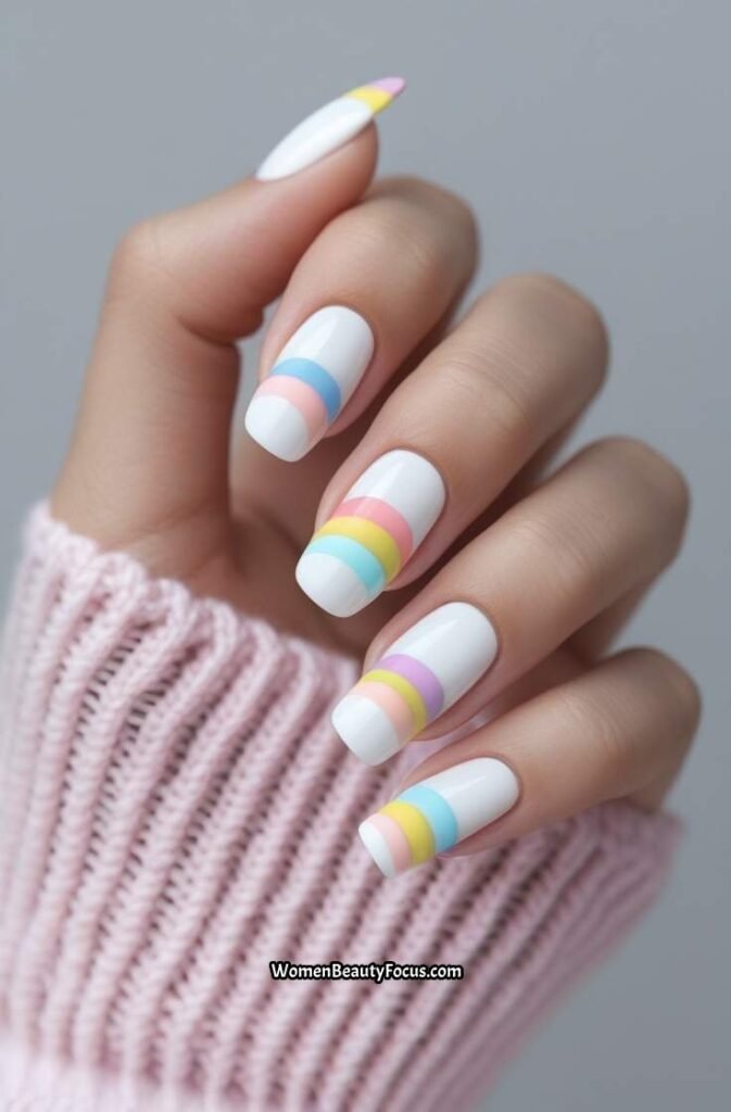 16. White and Pastel Rainbow Nails