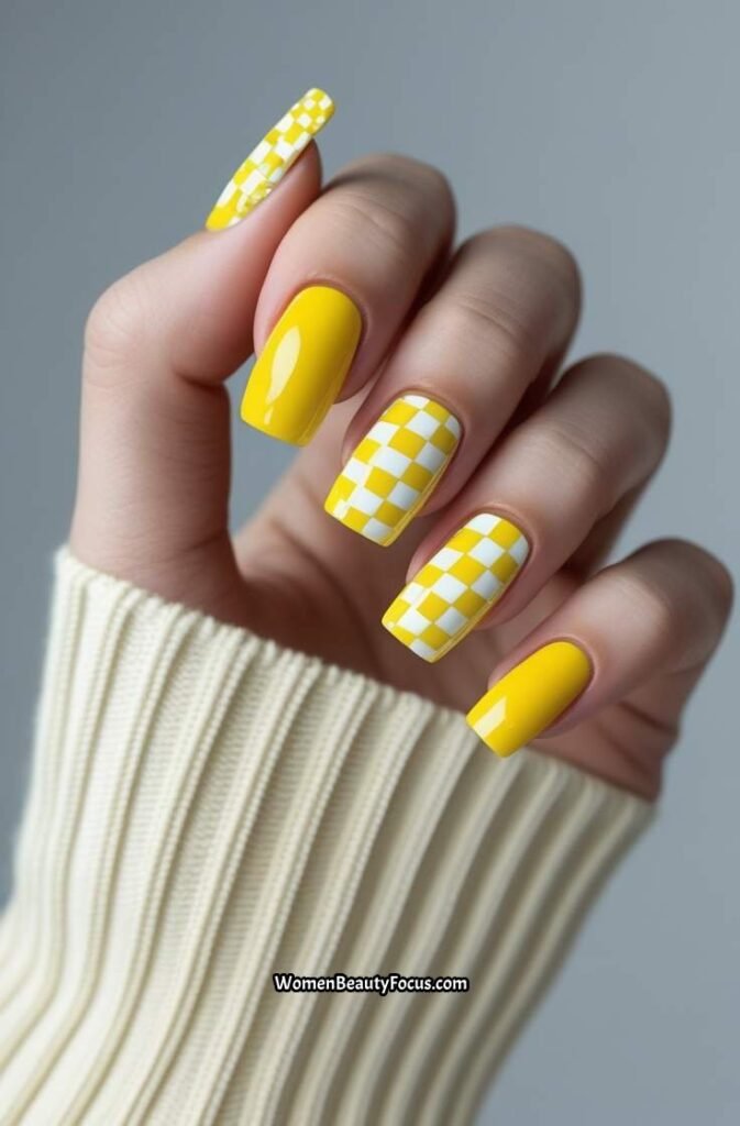 16. Yellow Checkerboard Nails