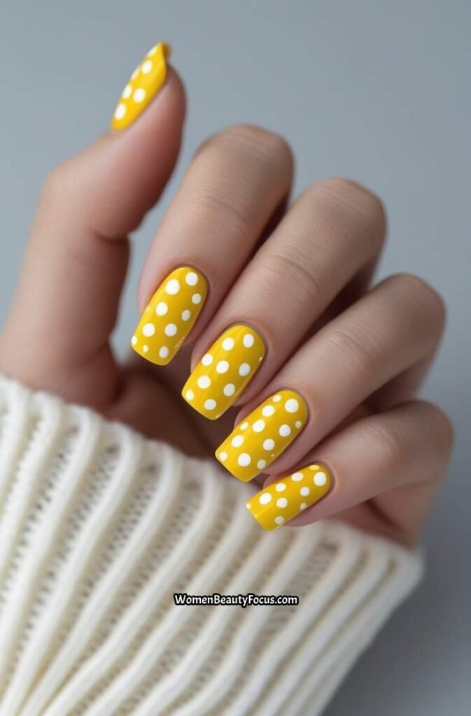 16. Yellow Nails with White Polka Dots