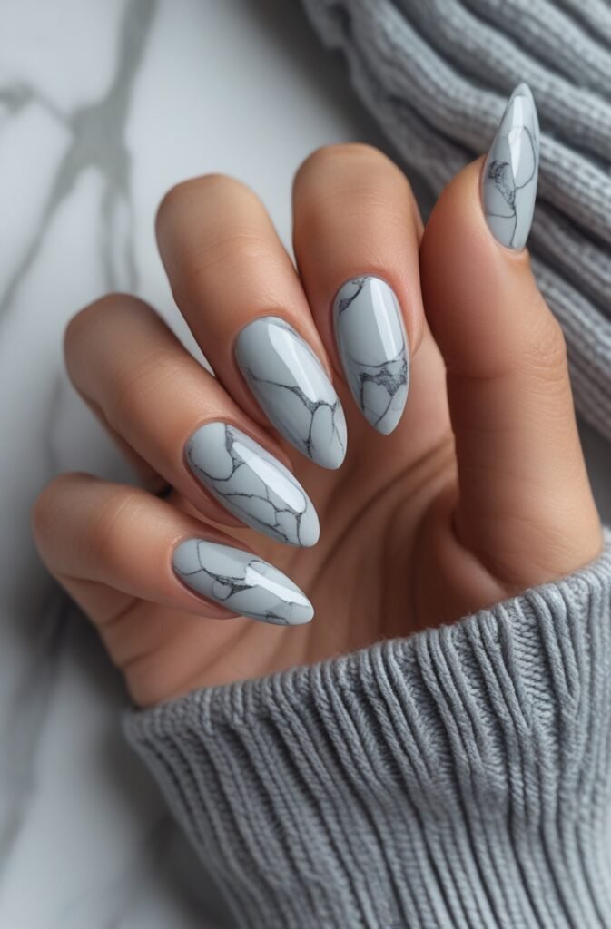 17. Almond Nails with Marble Grey Design