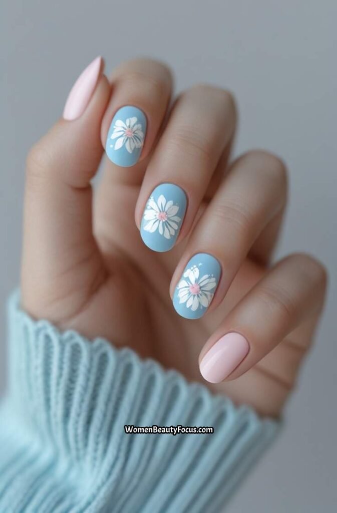 17. Baby Blue Accent Nails with White Florals