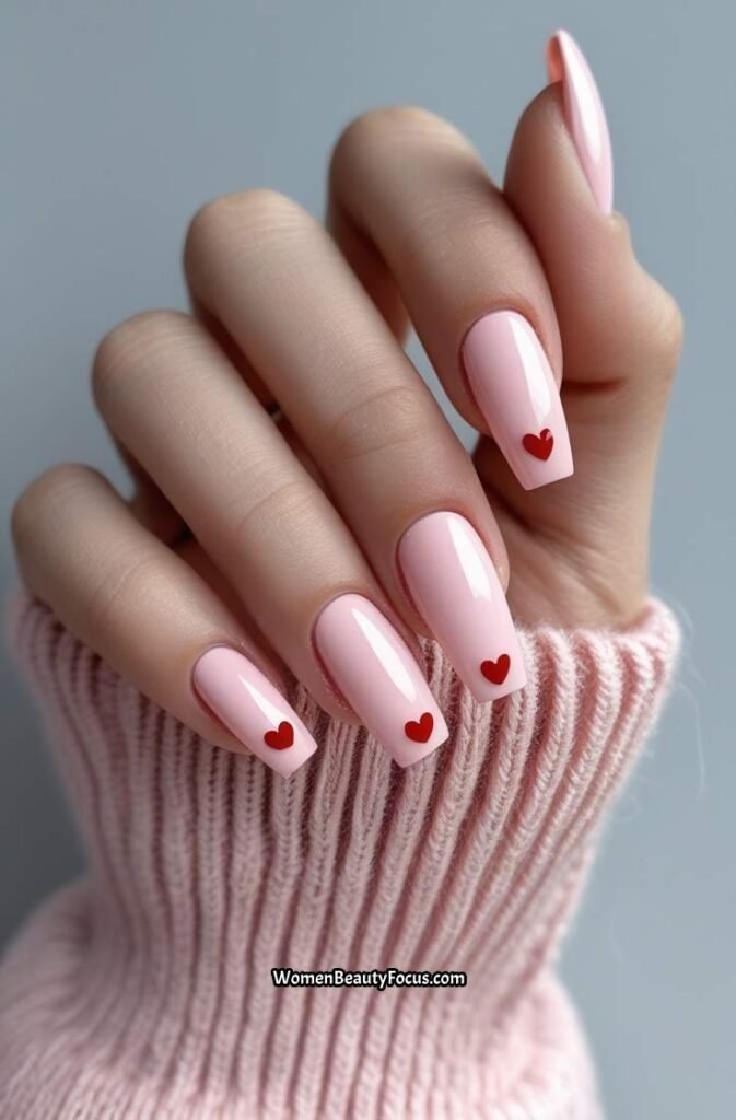 17. Baby Pink Coffin Nails with Tiny Hearts