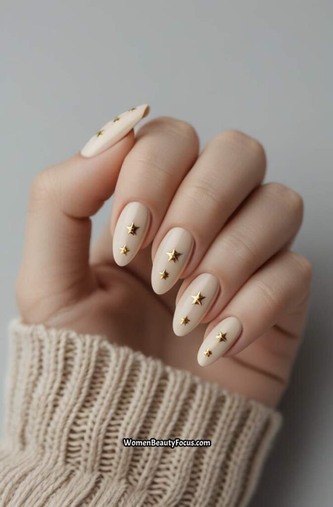 17. Beachy Beige Nails with Star Accents