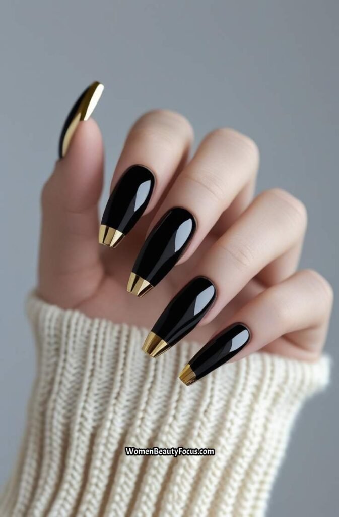 17. Black Nails with Gold Diagonal Tips