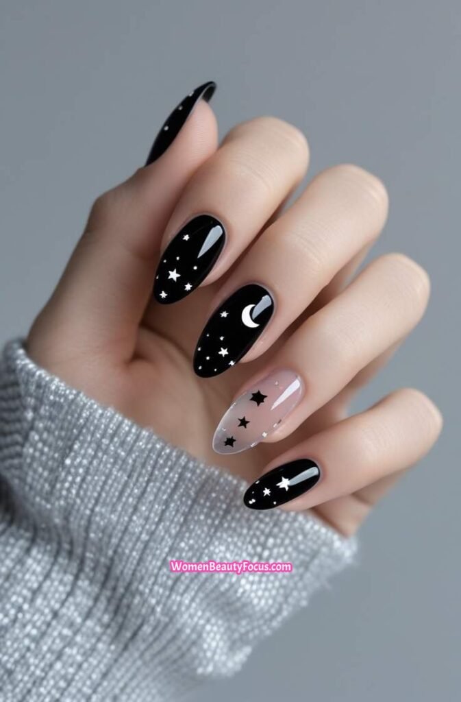 17. Black Nails with Transparent Stars and Moons