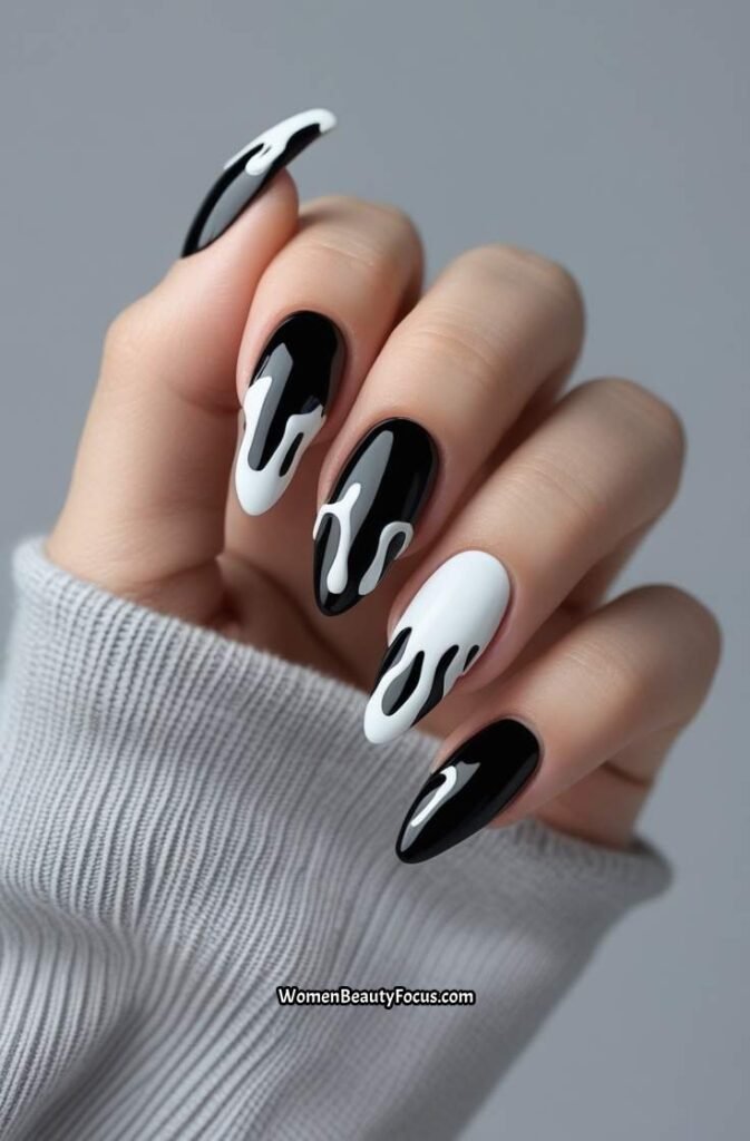 17. Black Nails with White Drip Tips