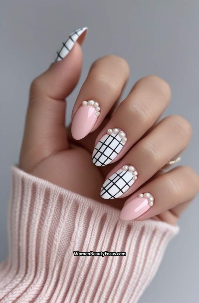 17. Blush and White Plaid with Tiny Pearls
