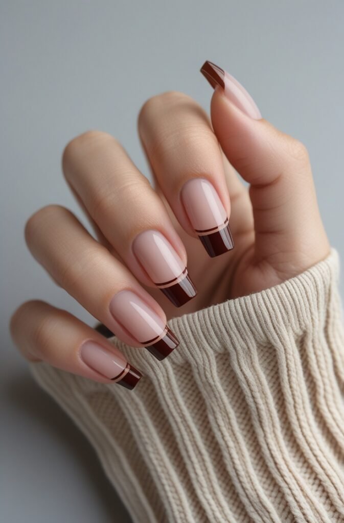 17. Cherry Brown Nails with Micro French Tips
