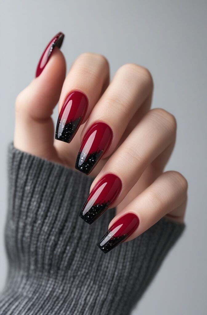 17. Cherry Nails with Black Glitter Tips
