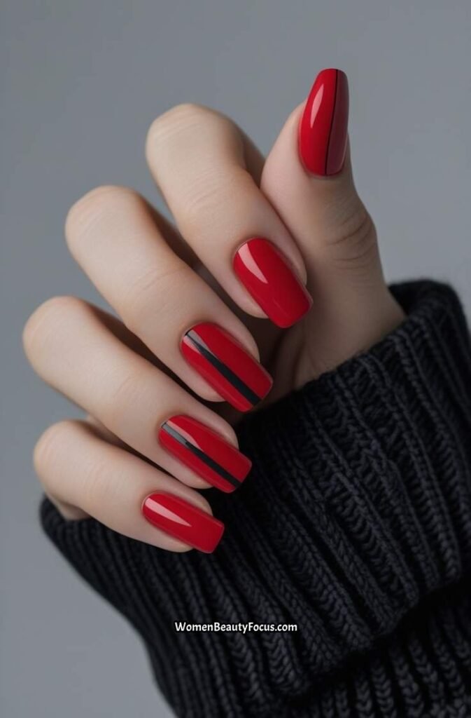 17. Cherry Red Nails with Black Stripes