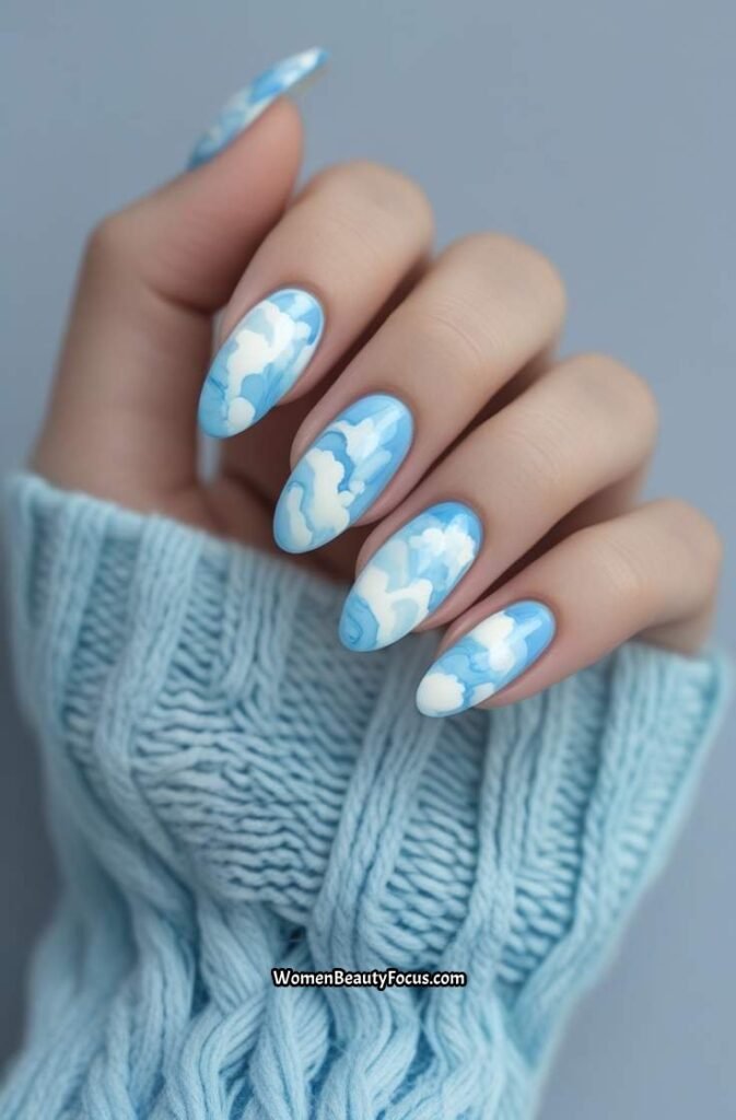 17. Cloudy Blue Marble Nails