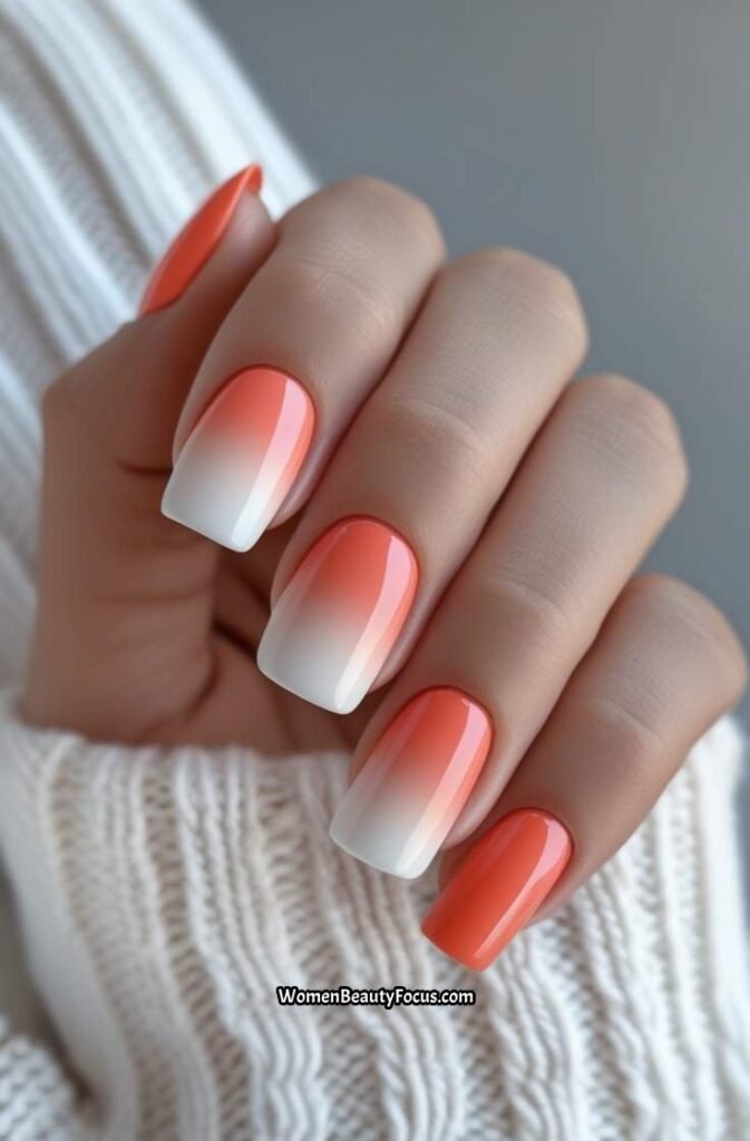 17. Coral and White Ombre Nails