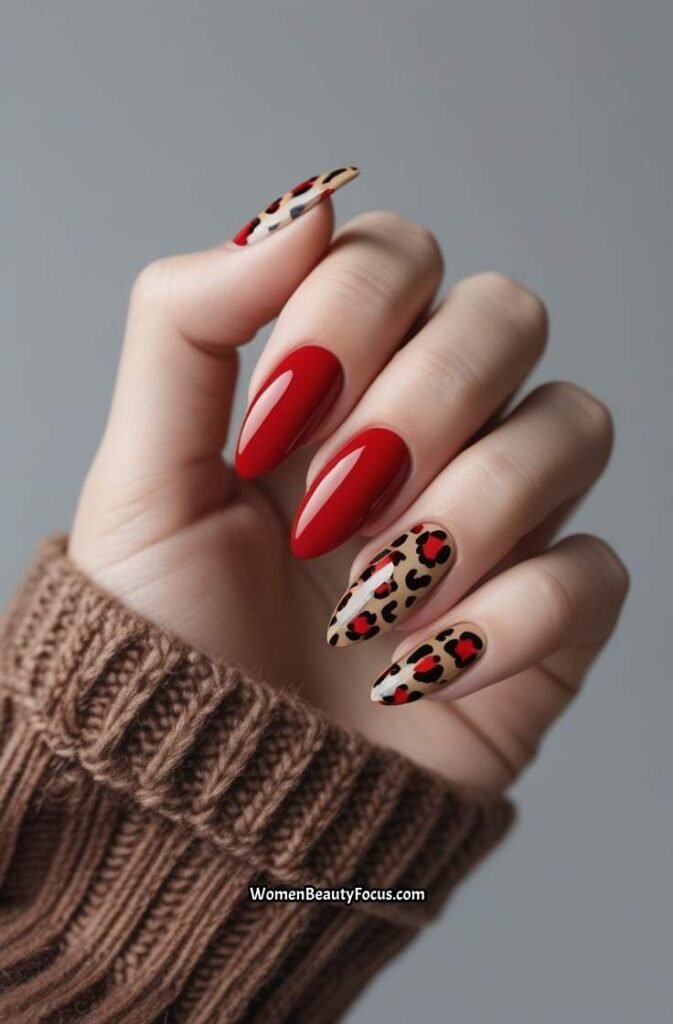 17. Glossy Red Nails with Leopard Print Accents