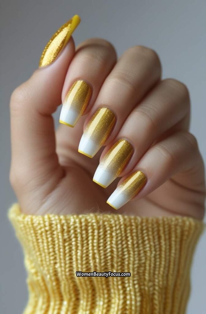 17. Golden Yellow French Tip Nails with Glitter Ombre