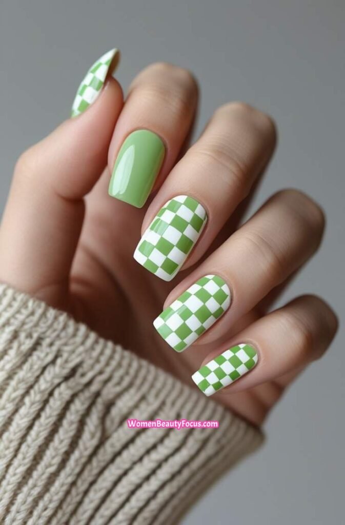 17. Green Checkerboard Accent Nails