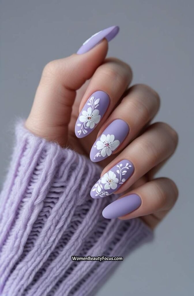 17. Lavender and White Floral Nails