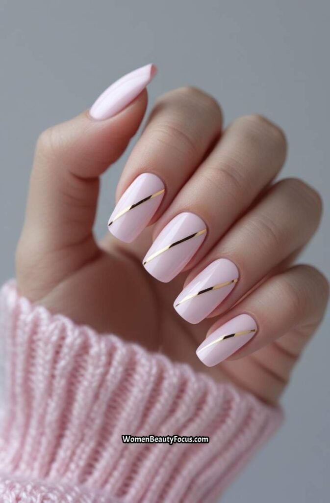 17. Light Pink Nails with Thin Gold Lines