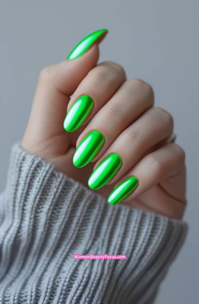17. Neon Green Chrome Nails with Bold Shine