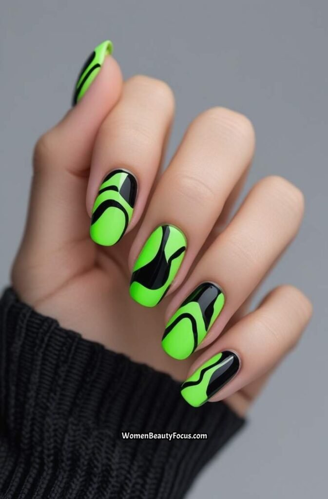 17. Neon Green and Black Abstract Nails