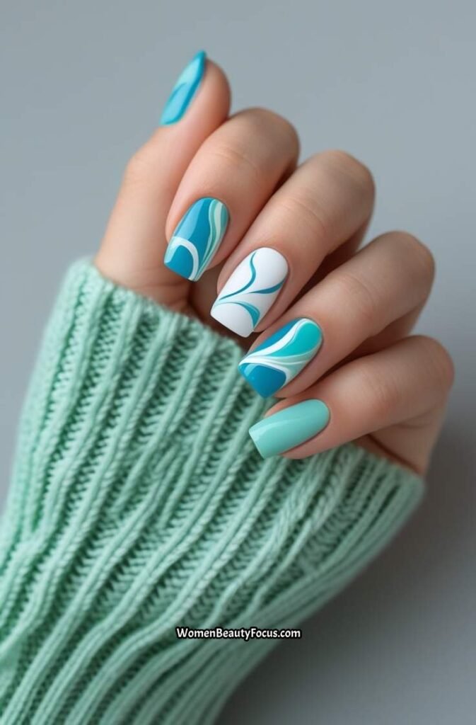17. Ocean Blue Swirl Nails