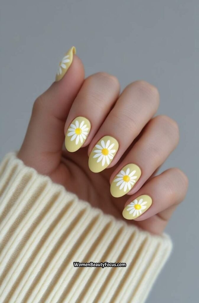 17. Pale Yellow and White Daisy Nails