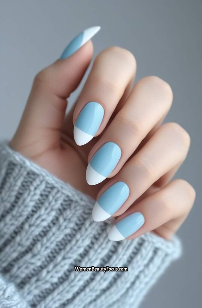17. Pastel Blue Almond Nails with White Tips